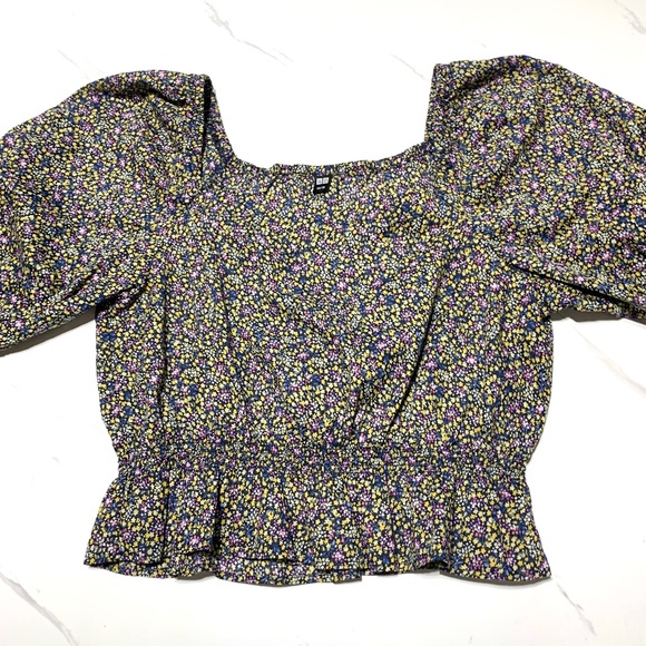 Uniqlo Cotton Printed Peasant Cropped Balloon Short Sleeve Blouse Size XS - Picture 3 of 11